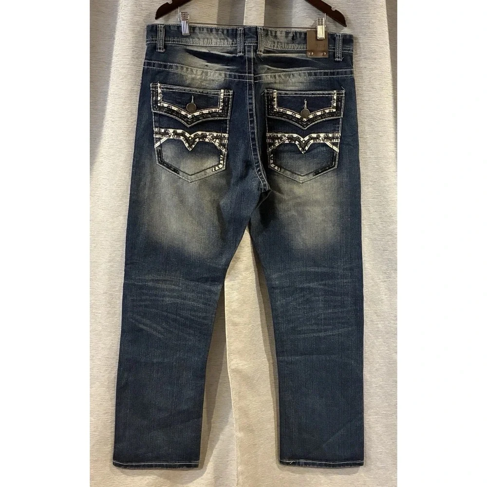 GS-115 Jeans Mens 36 Blue Premium Straight Leg Contrast Stitch Streetwear Denim